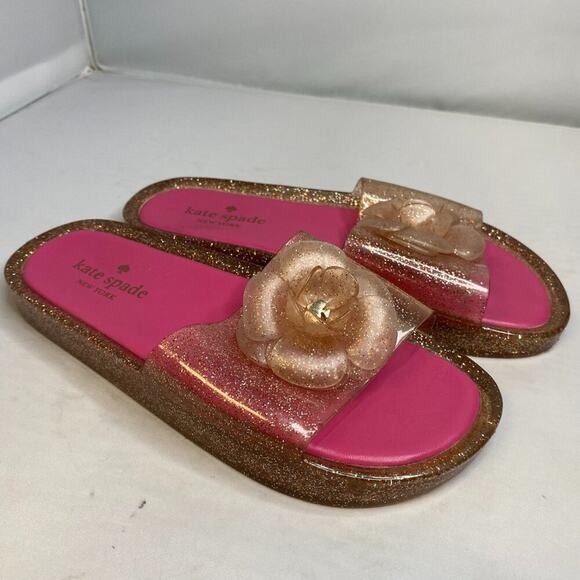 Kate Spade NY W7 Splash Glitter Jelly Slides Pink Sparkly Flower Sandals, - Picture 1 of 6